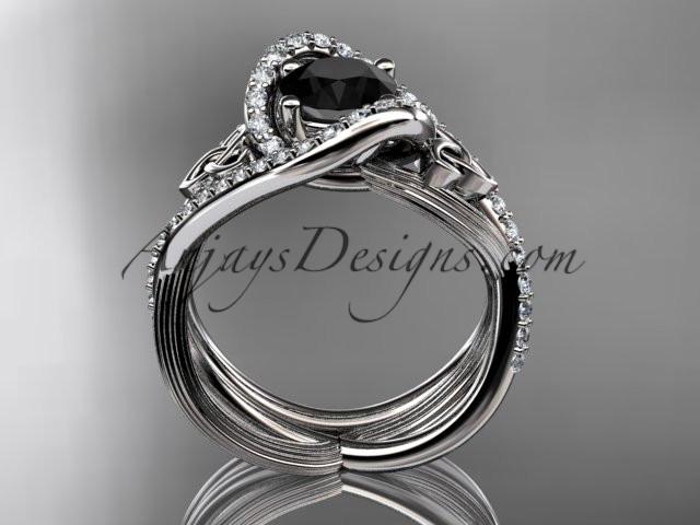 14kt white gold diamond celtic trinity knot wedding ring, engagement set with a Black Diamond center stone CT7369S - AnjaysDesigns