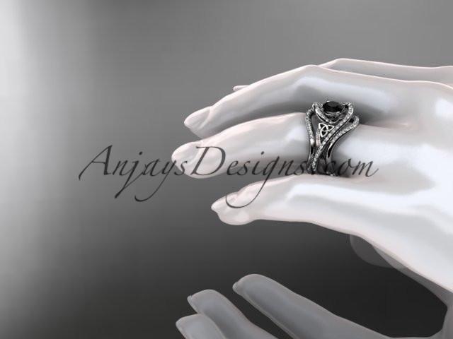 14kt white gold diamond celtic trinity knot wedding ring, engagement ring with a Black Diamond center stone and double matching band  CT7369S - AnjaysDesigns