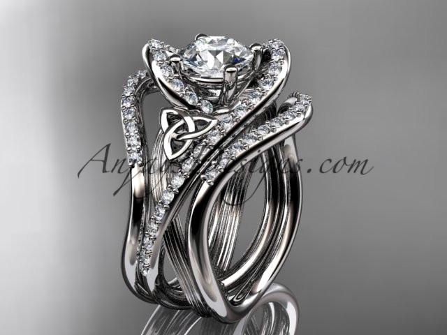 14kt white gold diamond celtic trinity knot wedding ring, engagement ring with a "Forever One" Moissanite center stone and double matching band CT7369S - AnjaysDesigns
