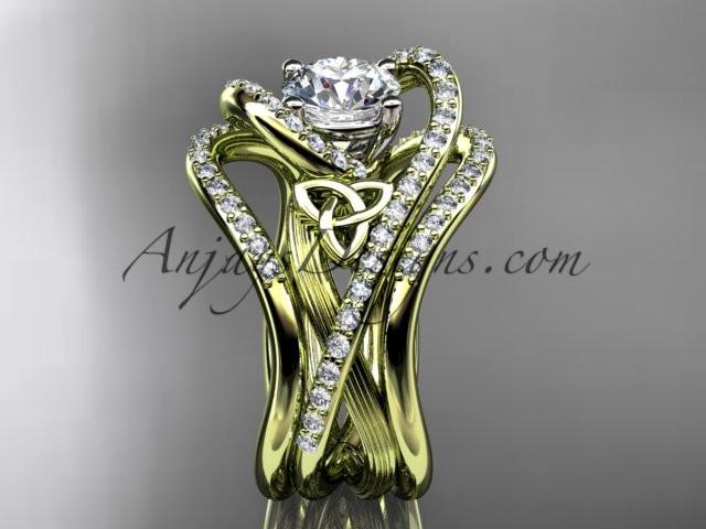 14kt yellow gold diamond celtic trinity knot wedding ring, engagement ring with a "Forever One" Moissanite center stone and double matching band CT7369S - AnjaysDesigns