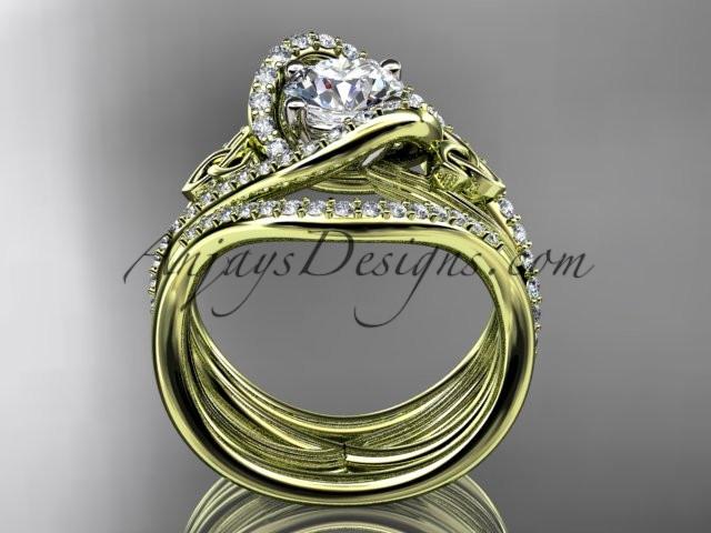 14kt yellow gold diamond celtic trinity knot wedding ring, engagement ring with a "Forever One" Moissanite center stone and double matching band CT7369S - AnjaysDesigns
