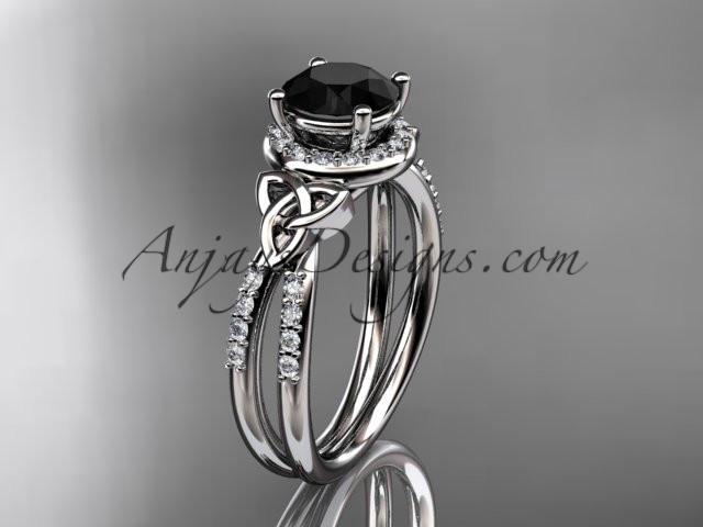 14kt white gold diamond celtic trinity knot wedding ring, engagement ring with a Black Diamond center stone CT7373 - AnjaysDesigns