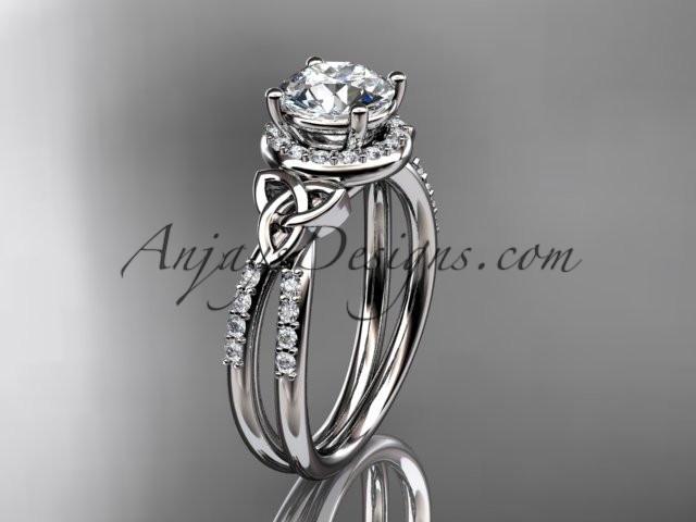 14kt white gold diamond celtic trinity knot wedding ring, engagement ring with a "Forever One" Moissanite center stone CT7373 - AnjaysDesigns