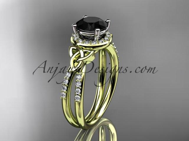 14kt yellow gold diamond celtic trinity knot wedding ring, engagement ring with a Black Diamond center stone CT7373 - AnjaysDesigns
