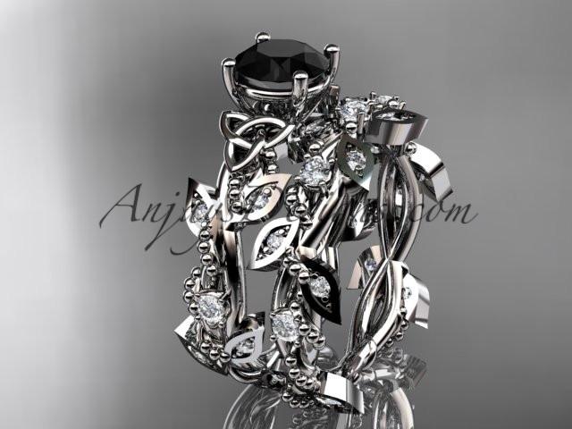 14kt white gold celtic trinity knot engagement set, wedding ring with a Black Diamond center stone CT759S - AnjaysDesigns