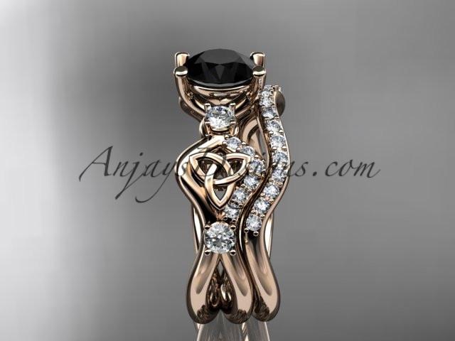 14kt rose gold celtic trinity knot engagement set, wedding ring with a Black Diamond center stone CT768S - AnjaysDesigns