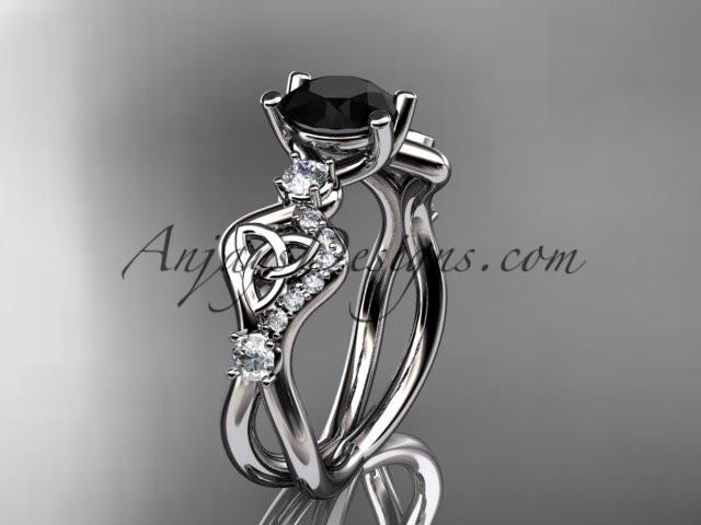 platinum celtic trinity knot engagement ring, wedding ring with a Black Diamond center stone CT768 - AnjaysDesigns
