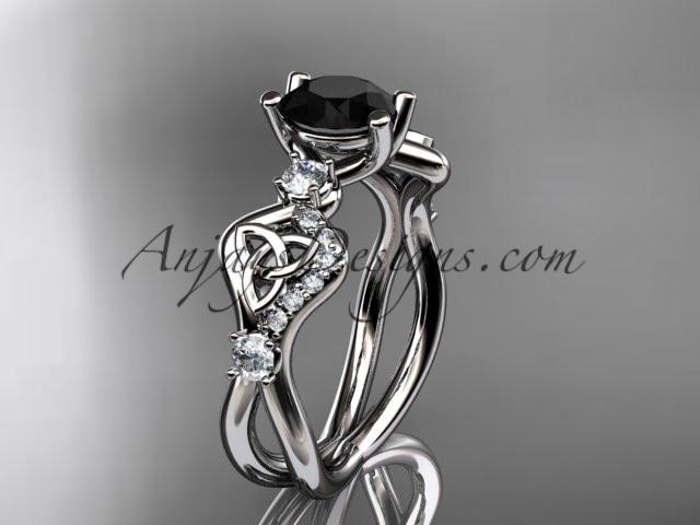 14kt white gold celtic trinity knot engagement ring, wedding ring with a Black Diamond center stone CT768 - AnjaysDesigns