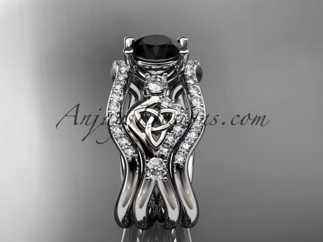 14kt white gold celtic trinity knot engagement ring, wedding ring with a Black Diamond center stone and double matching band CT768S - AnjaysDesigns
