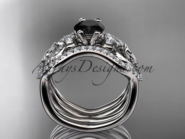 14kt white gold celtic trinity knot engagement ring, wedding ring with a Black Diamond center stone and double matching band CT768S - AnjaysDesigns