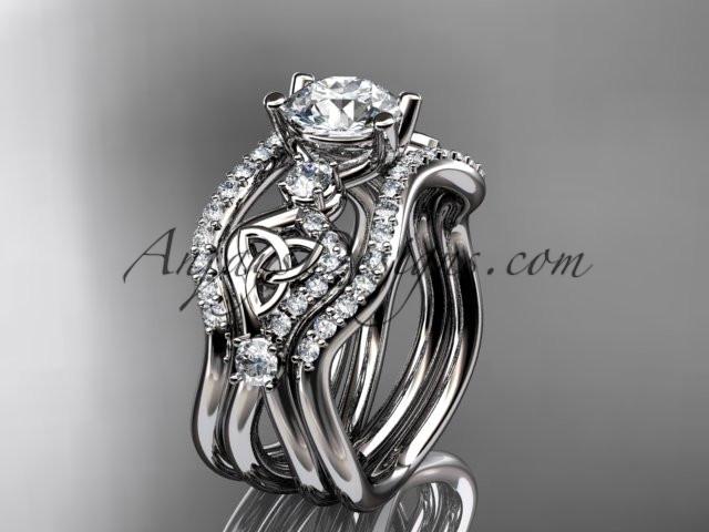 14kt white gold celtic trinity knot engagement ring, wedding ring with a "Forever One" Moissanite center stone and double matching band CT768S - AnjaysDesigns