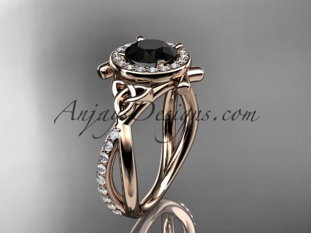 14kt rose gold celtic trinity knot engagement ring, wedding ring with a Black Diamond center stone CT789 - AnjaysDesigns