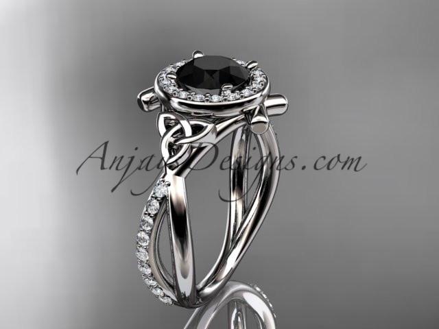 platinum celtic trinity knot engagement ring, wedding ring with a Black Diamond center stone CT789 - AnjaysDesigns
