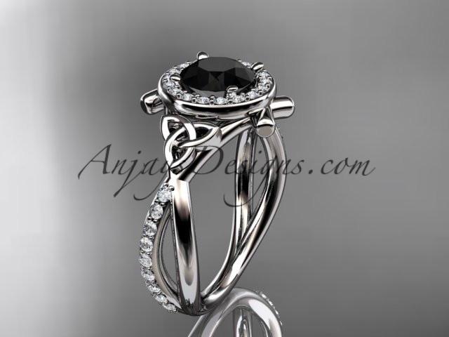 14kt white gold celtic trinity knot engagement ring, wedding ring with a Black Diamond center stone CT789 - AnjaysDesigns