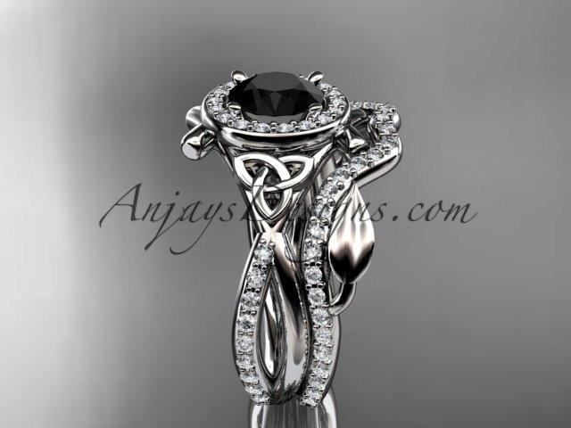 14kt white gold celtic trinity knot engagement set, wedding ring with a Black Diamond center stone CT789S - AnjaysDesigns