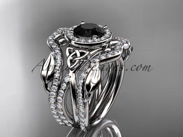 14kt white gold celtic trinity knot engagement ring, wedding ring with a Black Diamond center stone and double matching band CT789S - AnjaysDesigns