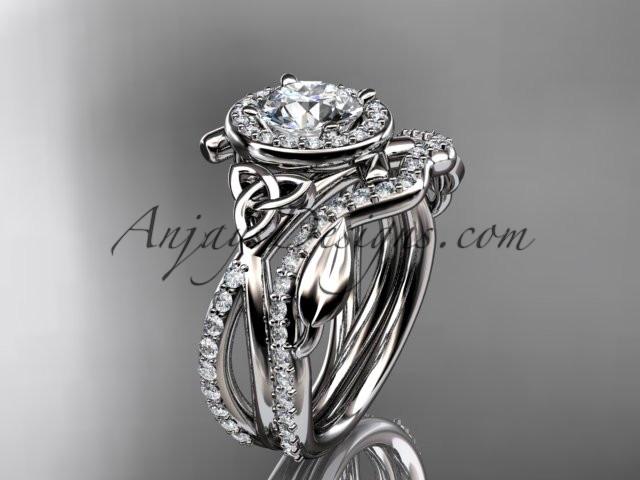 14kt white gold celtic trinity knot engagement set, wedding ring with a "Forever One" Moissanite center stone CT789S - AnjaysDesigns