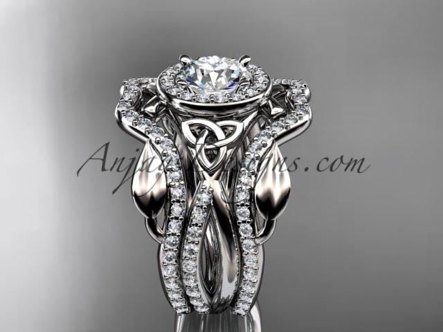 14kt white gold celtic trinity knot engagement ring, wedding ring with double matching band CT789S - AnjaysDesigns