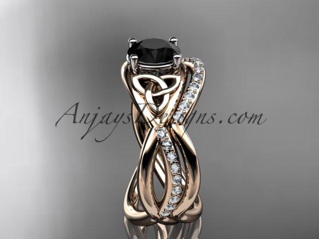 14kt rose gold celtic trinity knot engagement set, wedding ring with a Black Diamond center stone CT790S - AnjaysDesigns