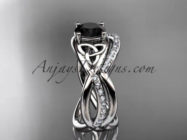 14kt white gold celtic trinity knot engagement set, wedding ring with a Black Diamond center stone CT790S - AnjaysDesigns
