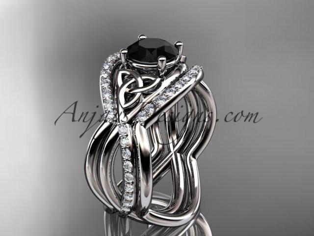 14kt white gold celtic trinity knot engagement ring, wedding ring with a Black Diamond center stone and double matching band CT790S - AnjaysDesigns