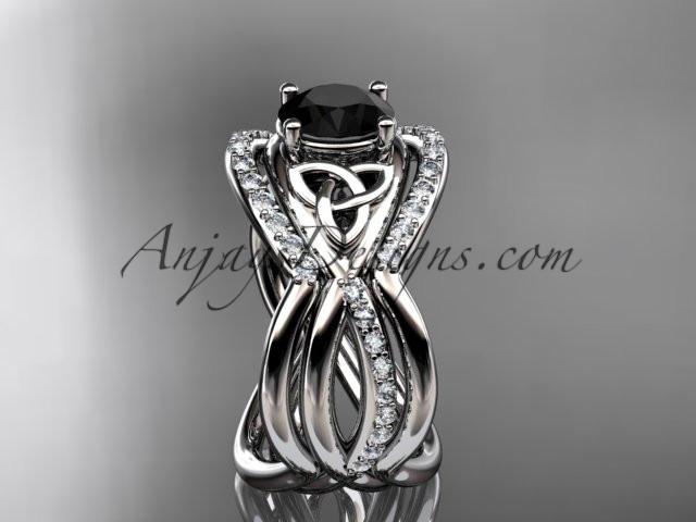 14kt white gold celtic trinity knot engagement ring, wedding ring with a Black Diamond center stone and double matching band CT790S - AnjaysDesigns