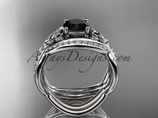 14kt white gold celtic trinity knot engagement ring, wedding ring with a Black Diamond center stone and double matching band CT790S - AnjaysDesigns