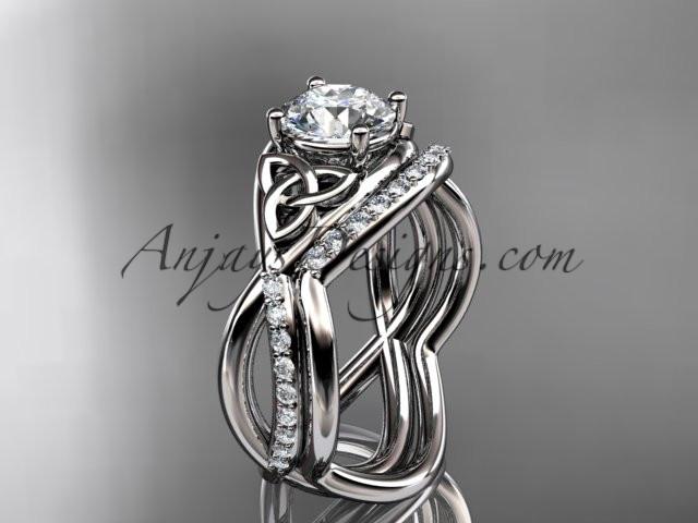 14kt white gold celtic trinity knot engagement set, wedding ring with a "Forever One" Moissanite center stone CT790S - AnjaysDesigns