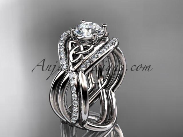 14kt white gold celtic trinity knot engagement ring, wedding ring with a "Forever One" Moissanite center stone and double matching band CT790S - AnjaysDesigns