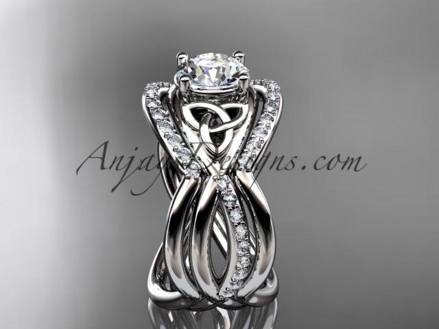 14kt white gold celtic trinity knot engagement ring, wedding ring with a "Forever One" Moissanite center stone and double matching band CT790S - AnjaysDesigns
