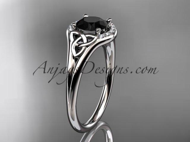 platinum celtic trinity knot engagement ring, wedding ring with a Black Diamond center stone CT791 - AnjaysDesigns