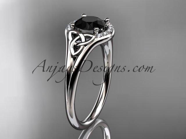 14kt white gold celtic trinity knot engagement ring, wedding ring with a Black Diamond center stone CT791 - AnjaysDesigns