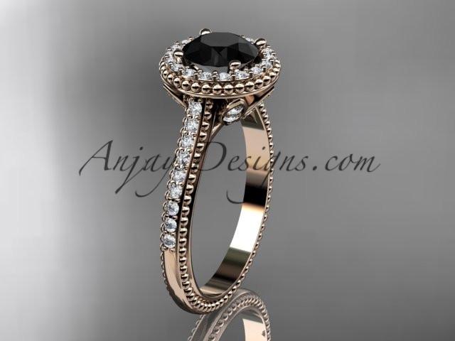 14kt rose gold diamond floral wedding ring, engagement ring with a Black Diamond center stone ADLR101 - AnjaysDesigns