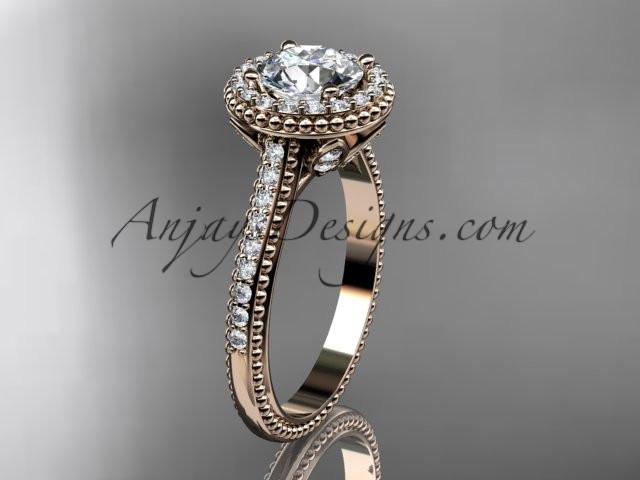 14kt rose gold diamond floral wedding ring, engagement ring with a "Forever One" Moissanite center stone ADLR101 - AnjaysDesigns