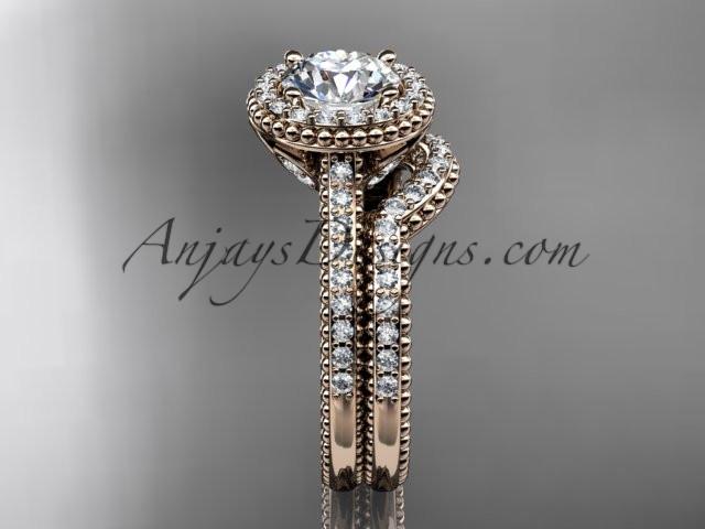 14kt rose gold diamond floral wedding set, engagement ring with a "Forever One" Moissanite center stone ADLR101S - AnjaysDesigns