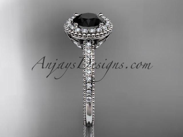 14kt white gold diamond floral wedding ring, engagement ring with a Black Diamond center stone ADLR101 - AnjaysDesigns