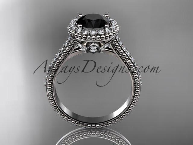 14kt white gold diamond floral wedding ring, engagement ring with a Black Diamond center stone ADLR101 - AnjaysDesigns