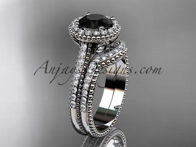 14kt white gold diamond floral wedding set, engagement ring with a Black Diamond center stone ADLR101S - AnjaysDesigns