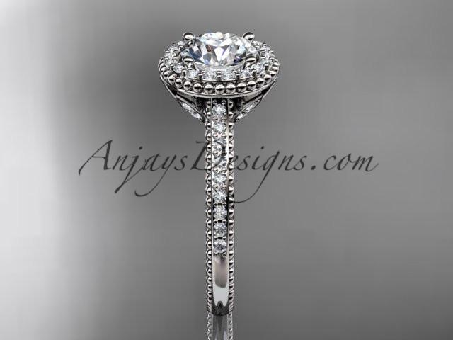 14kt white gold diamond floral wedding ring, engagement ring with a "Forever One" Moissanite center stone ADLR101 - AnjaysDesigns