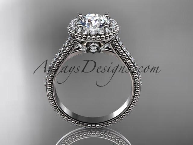 14kt white gold diamond floral wedding ring, engagement ring with a "Forever One" Moissanite center stone ADLR101 - AnjaysDesigns
