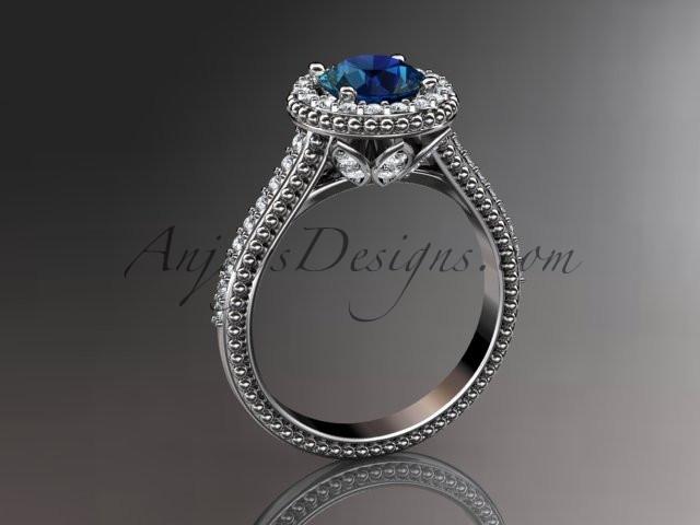 14kt white gold diamond floral wedding ring,engagement ring with blue sapphire center stone ADLR101 - AnjaysDesigns