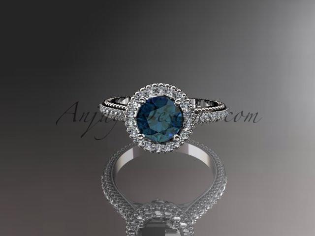 14kt white gold diamond floral wedding ring,engagement ring with blue sapphire center stone ADLR101 - AnjaysDesigns