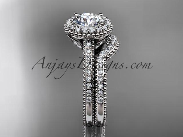 14kt white gold diamond floral wedding set, engagement ring with a "Forever One" Moissanite center stone ADLR101S - AnjaysDesigns