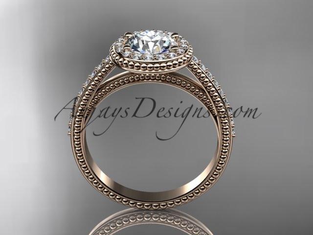 14kt rose gold diamond unique engagement ring, wedding ring with a "Forever One" Moissanite center stone ADER104 - AnjaysDesigns