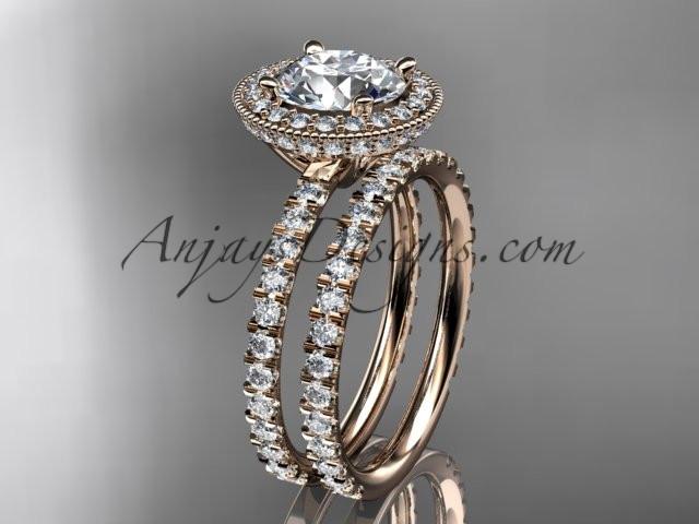 14kt rose gold diamond unique wedding ring, engagement set with a "Forever One" Moissanite center stone ADER106S - AnjaysDesigns