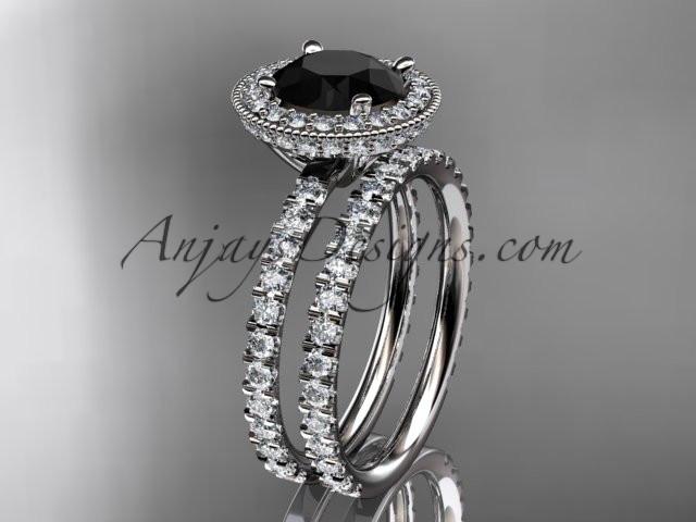 14kt white gold diamond unique wedding ring, engagement ring with a Black Diamond center stone ADER106S - AnjaysDesigns