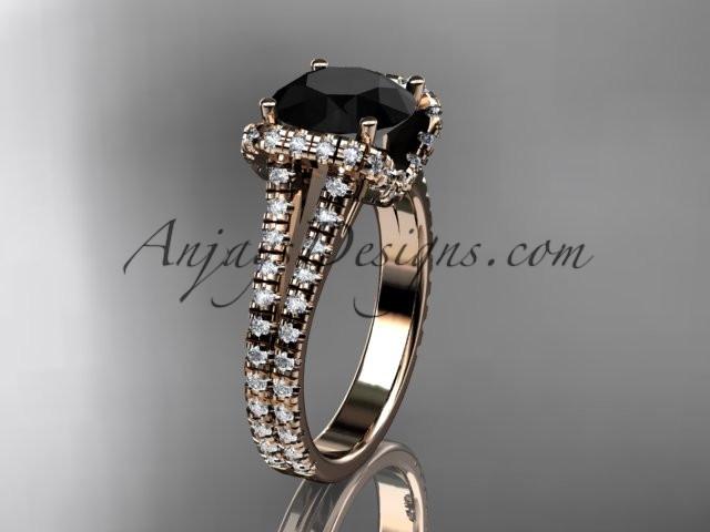 14kt rose gold diamond unique engagement ring, wedding ring with a Black Diamond center stone ADER107 - AnjaysDesigns