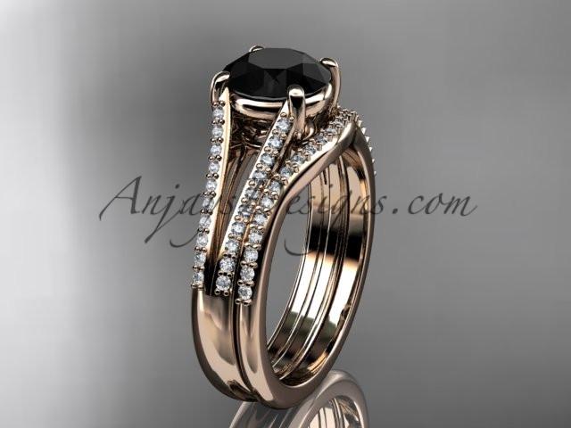 14kt rose gold diamond unique engagement set, wedding ring with a Black Diamond center stone ADER108S - AnjaysDesigns