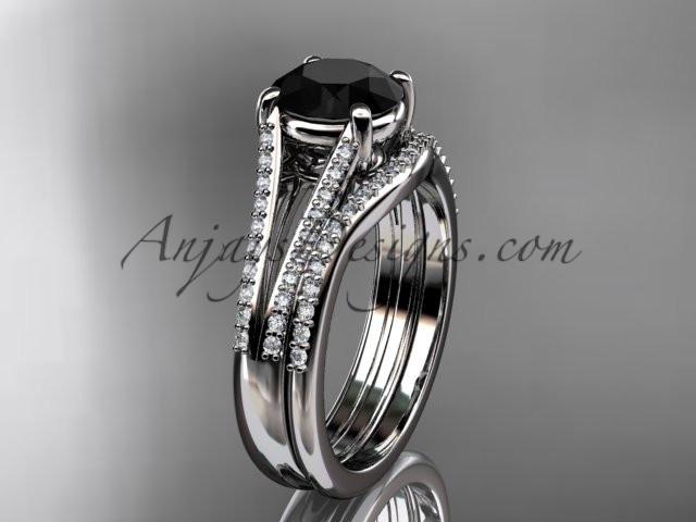 14kt white gold diamond unique engagement set, wedding ring with a Black Diamond center stone ADER108S - AnjaysDesigns