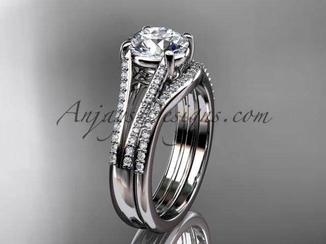 platinum diamond unique engagement set, wedding ring with a "Forever One" Moissanite center stone ADER108S - AnjaysDesigns